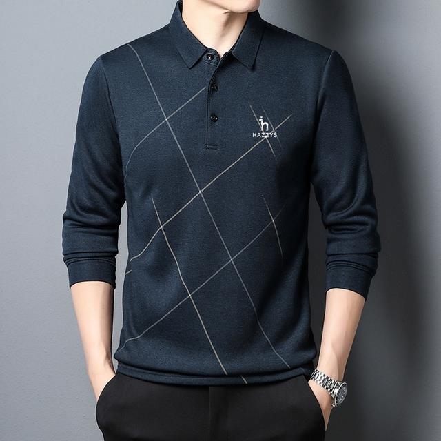 Hazzys Polo Shirt for Men Stripes Long Sleeve Spring and autumn Collared printing Casual Polo Shirt Korean Fashion Clothing