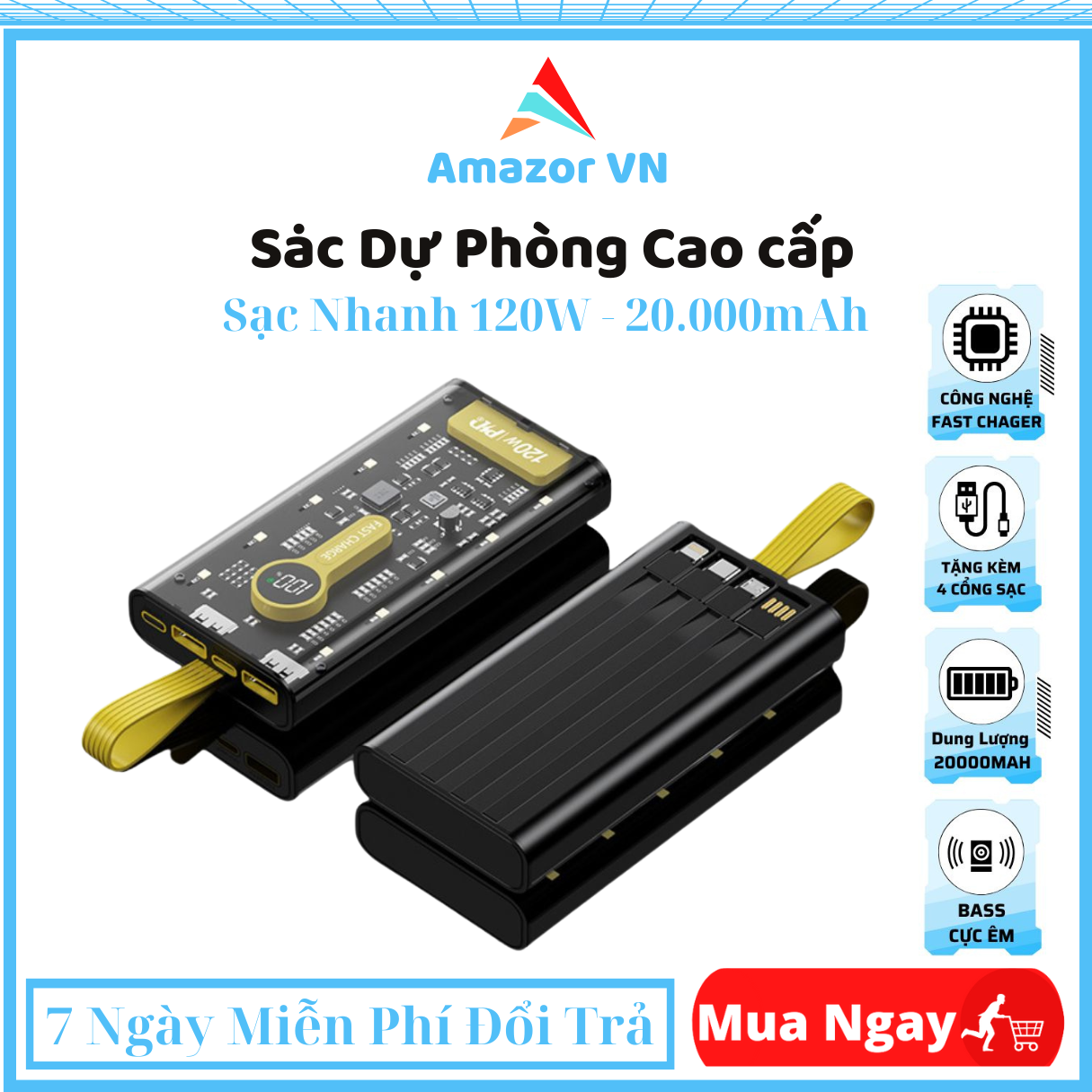 Sạc Dự Phòng Cao cấp 120W  Sạc Dựng Phòng Trong Suốt 120W 20000mAh  Sạc Nhanh 22.5W Kèm 4 Dây Sạc  M