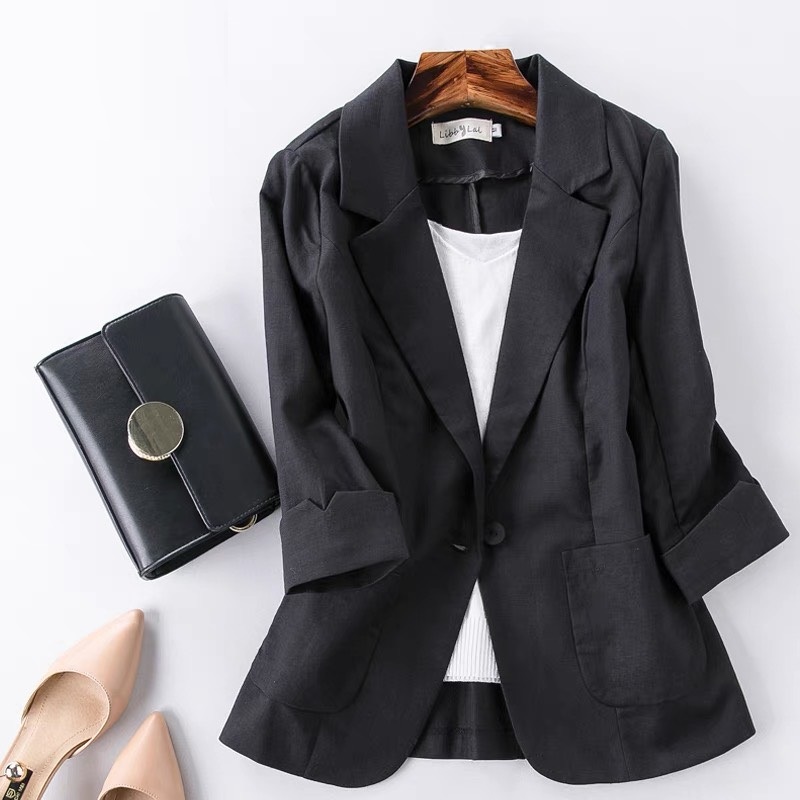 Áo khoác vest blazer nữ tay lỡ sắn túi hộp chất vải Linen thô Prenium (Xanh cốm) có 5 màu lựa chọn