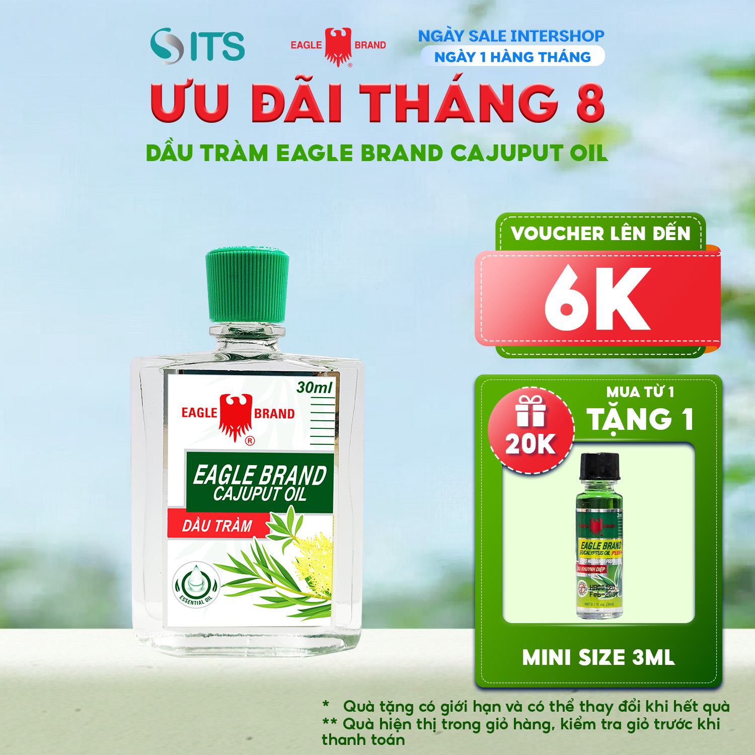 Dầu Tràm Con Ó 2 Nắp Eagle Brand Cajuput Oil 30ml hỗ trợ giữ ấm cảm cúm cho bé giảm đau bụng đầy hơi