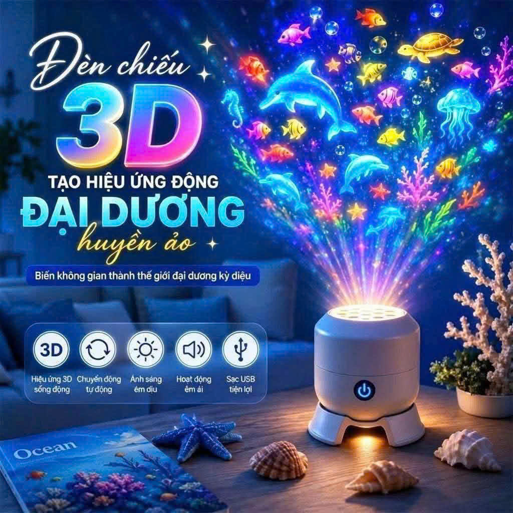 Đèn Ngủ 3D Chiếu Hình Tạo Hiệu Ứng Đại Dương Sống Động Cho Bé