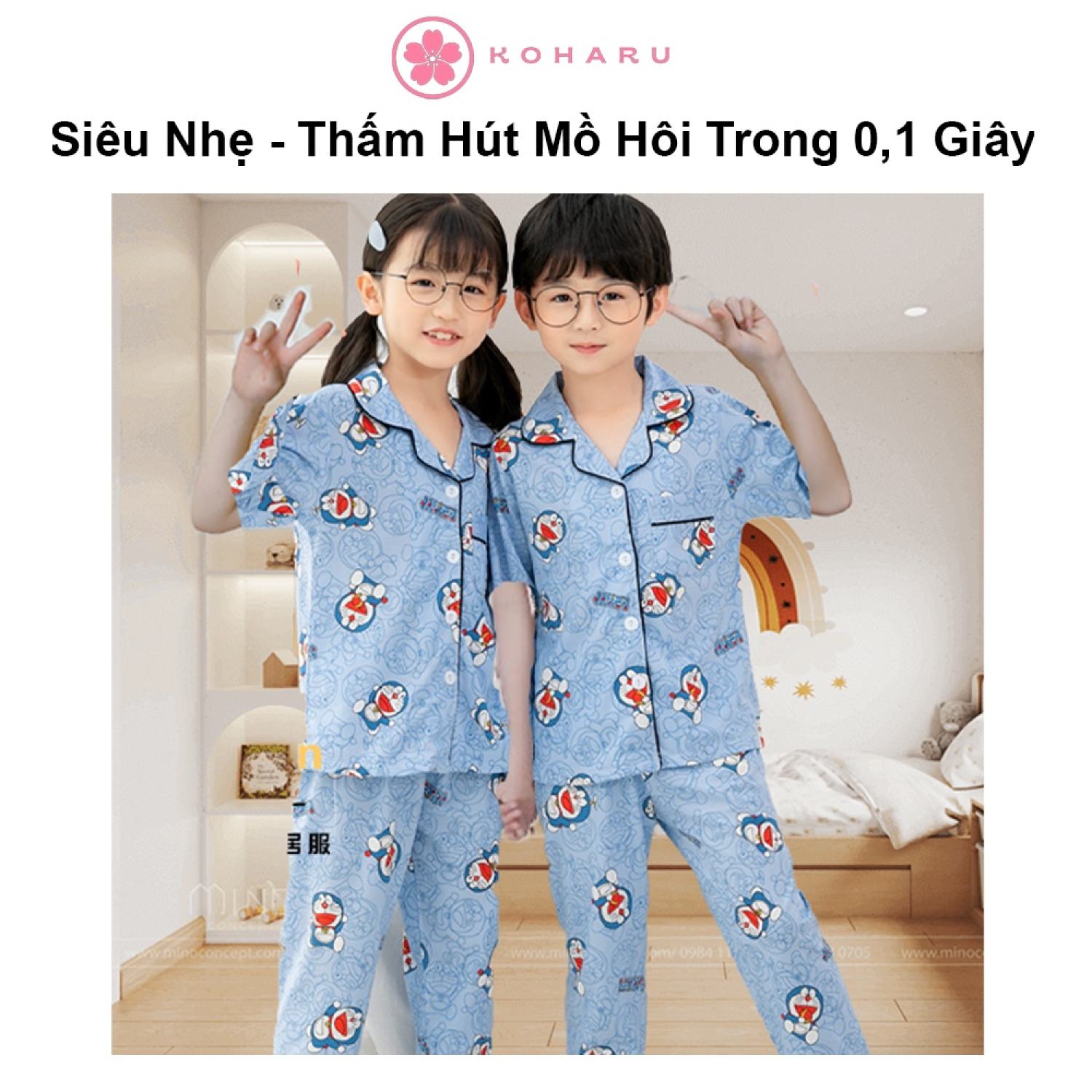 Áo cộc quần dài 9-47kg Cotton Đũi Nhật pijama Doremon xanh CN06 trẻ em đồ ngủ| bộ đi chơi bé trai gá