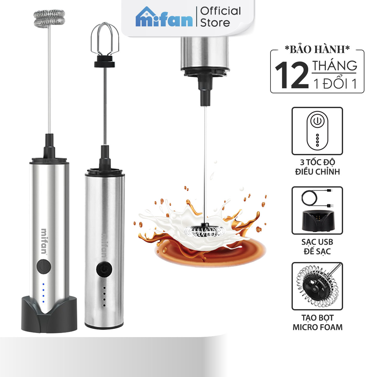 Máy Đánh Bọt Cà Phê Microfoam Mifan MF1501G - 3 Đầu Đa Năng Thép không gỉ Đế sạc USB tiện lợi - Hàng