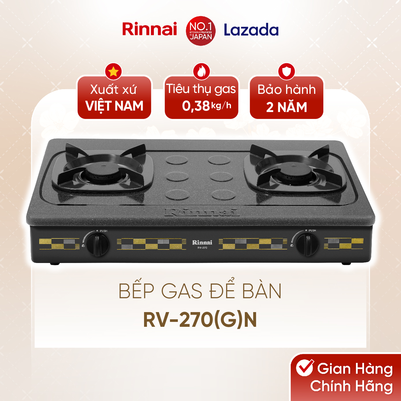 Bếp gas dương Rinnai RV-270(G)N mặt bếp men và kiềng bếp men - Hàng chính hãng.