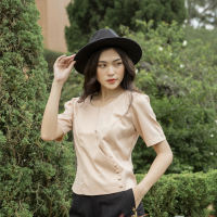 Áo kiểu sơ mi công sở  nữ thời trang Eden tay ngắn ngực đắp chéo phối nút eo chất liệu chéo ý mềm mịn - ASM170