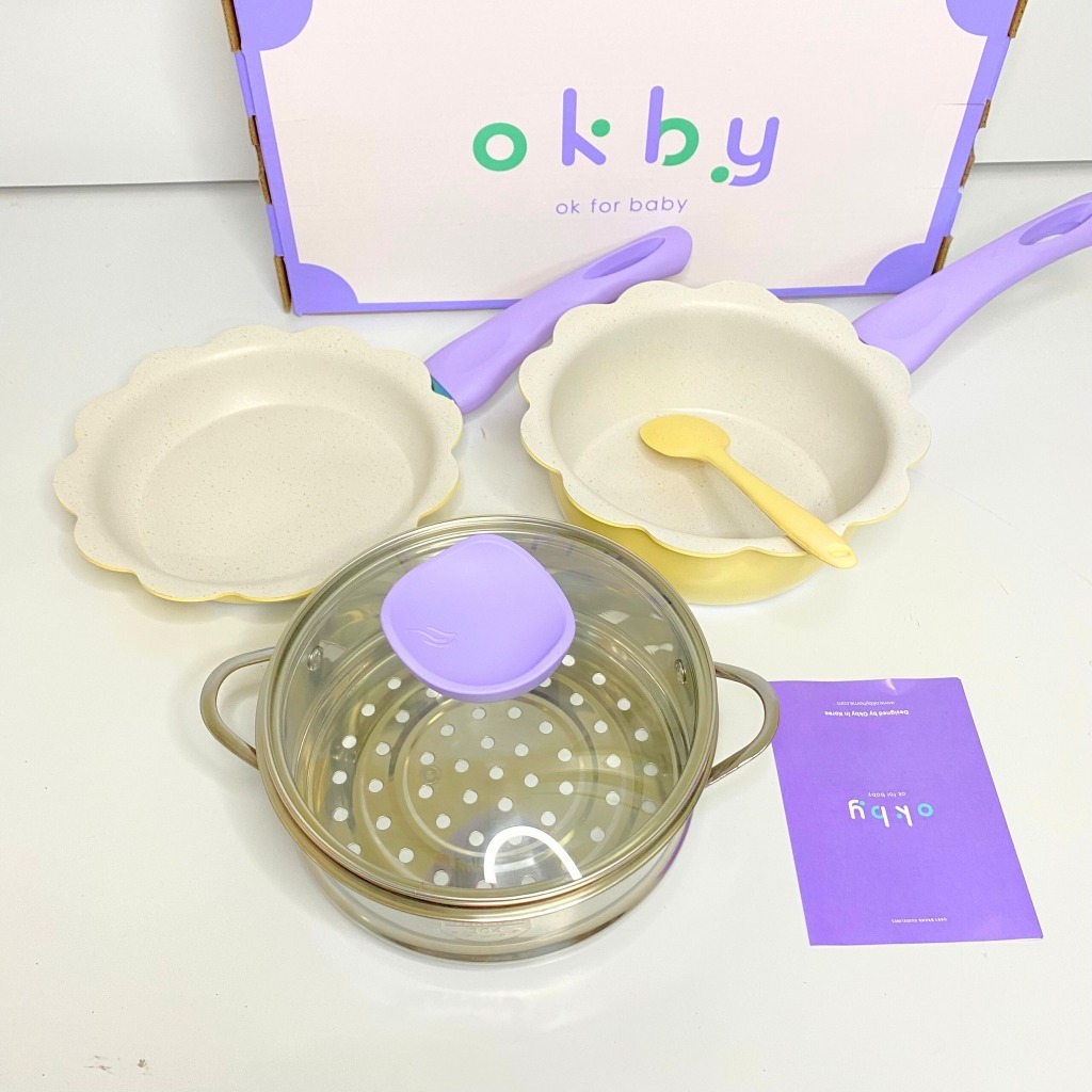 Bộ Nồi Chảo Cho Bé Ăn Dặm OKBY Nồi Chảo Nấu Quấy Hình Hoa Cao Cấp Men Đá Chống Dính Kèm Xửng Hấp