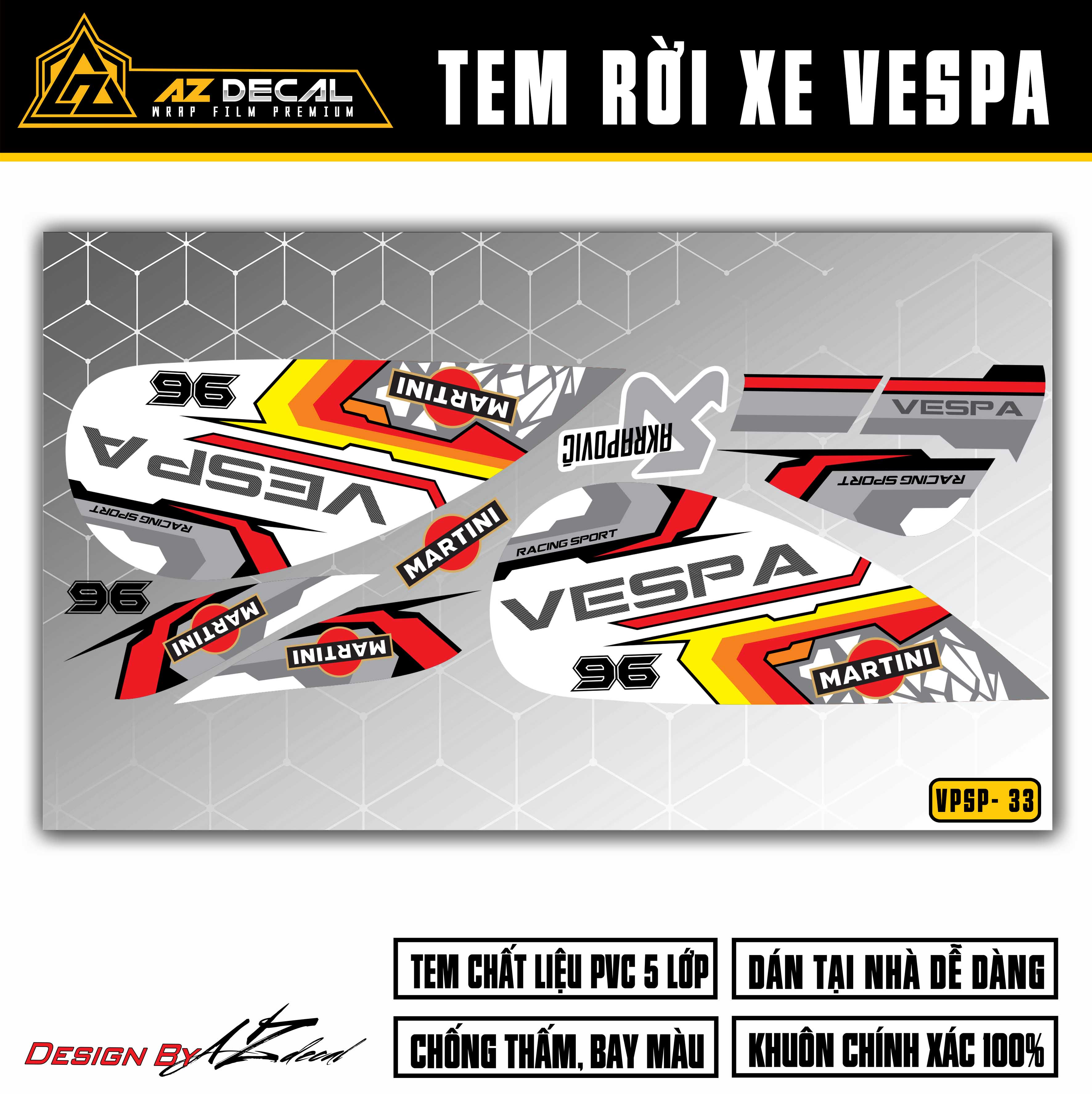 Tem Rời Xe Vespa Sprint / Primavera Mẫu Martini | VPSP33 | Decal Chế Dán Xe Vespa Mọi Màu Đen Trắng 