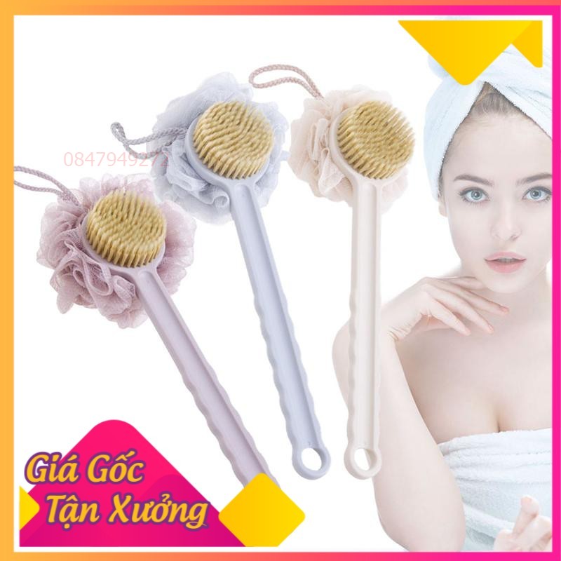 Cây bàn chải cọ lưng đa năng 2 đầu kỳ chà massage mặt cán dài kèm bông tắm lông mềm  Hàng chuẩn fullbox xuất nhật cao cấp