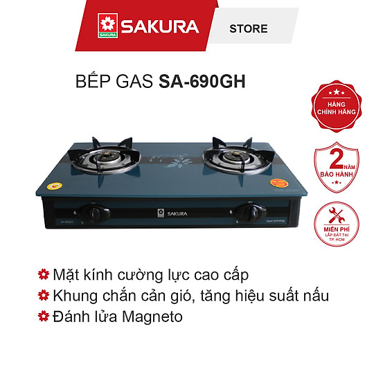 Bếp gas đôi Sakura SA-690GH chính hãng 100% trưng bày Mặt bếp Kính cường lực Đầu đốt Đầu đốt thông thường Kiềng bếp Kim loại phủ men chống dính