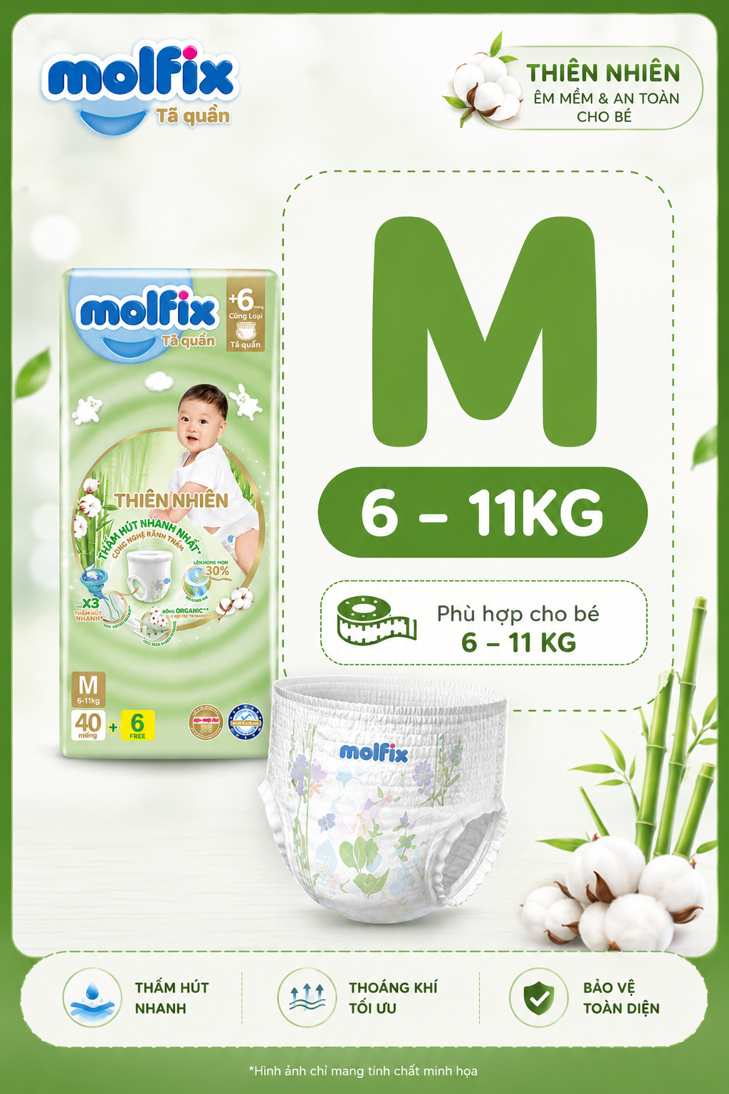 Tã Quần Molfix Thiên Nhiên Size M/L/XL/XXL Chính Hãng – Mềm Dịu Thấm Hút Nhanh Khô Thoáng Suốt Đêm