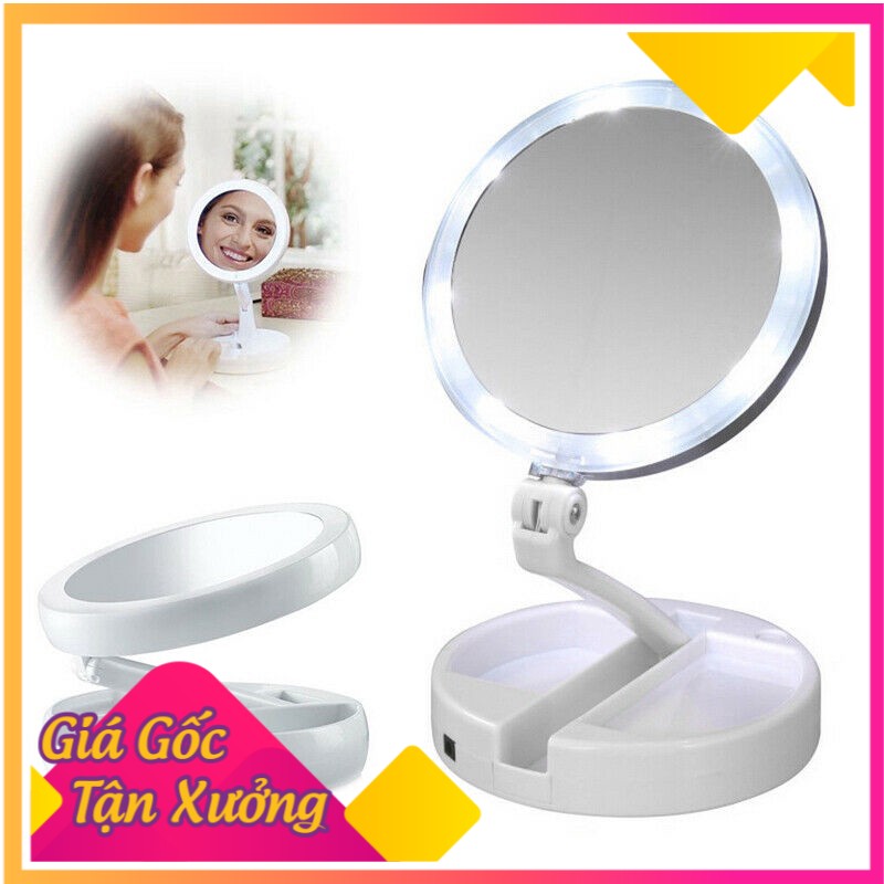 Gương trang điểm để bàn phấn có đèn led sạc kính tròn makeup phóng đại lật 2 mặt xoay 360 độ mini gấp gọn