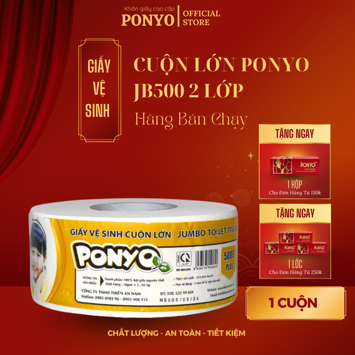 Giấy vệ sinh cuộn lớn PONYO JB500 2 lớp chất lượng cao tan nhanh mềm mịn hoạ tiết caro 500g - Thiên