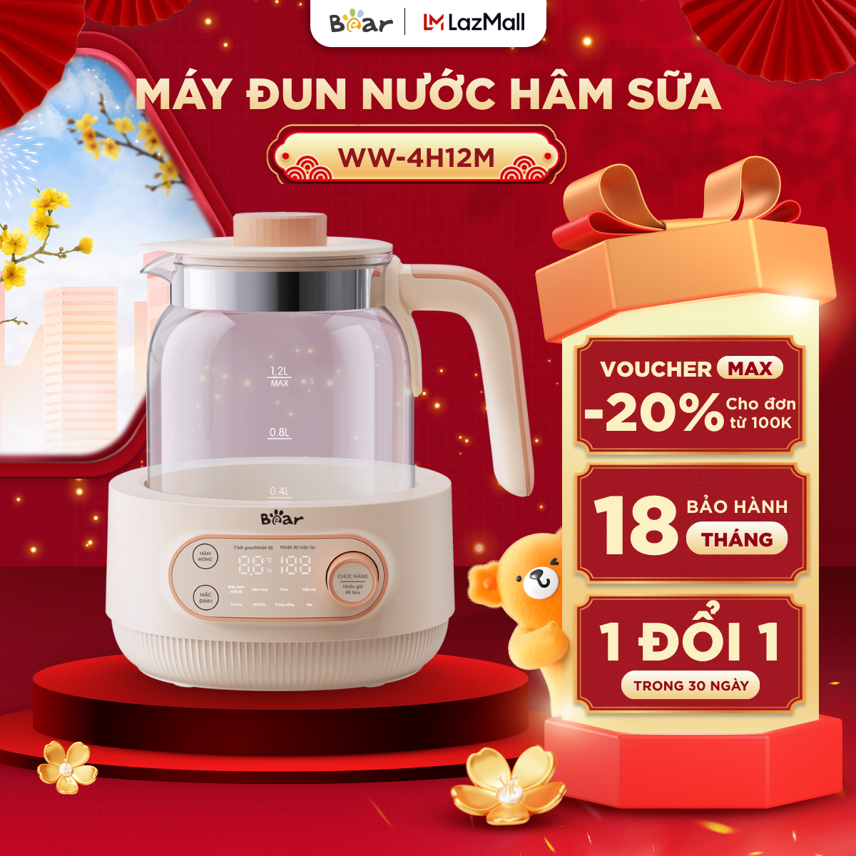 Máy Đun Nước Pha Sữa BEAR 1.2L Bình Đun Nước Hâm Sữa Bình Đun Giữ Nhiệt Cho Mẹ Máy Hâm Sữa Cho Bé Ph