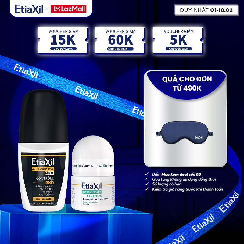 Combo Lăn Khử Mùi Hàng Ngày Etiaxil Men 50ml và Lăn Khử Mùi Ngăn Mồ Hôi Etiaxil 15ml (nhãn xanh)