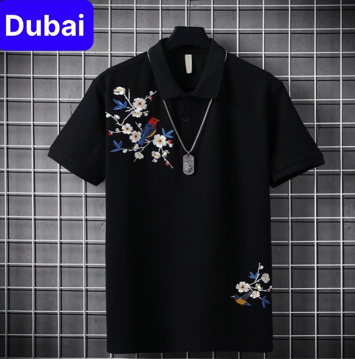 ÁO THUN ÁO PHÔNG ÁO THUN POLO CỔ TRỤ VẢI CÁ SẤU COTTON NAM NỮ HOA CHIM SÀNH ĐIỆU MÀU ĐEN TAY NGẮN CÓ