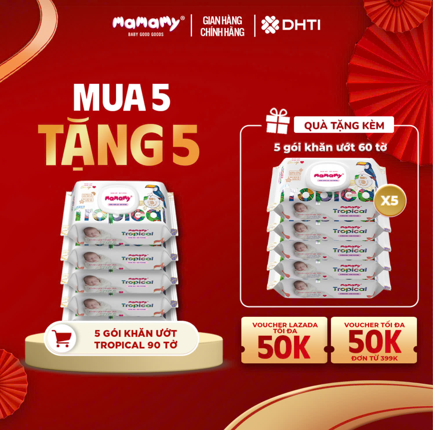 Combo 5 gói khăn ướt Mamamy Tropical gói 90 tờ cho mẹ và bé cao cấp 100% sợi tự nhiên và rayon ngừa 