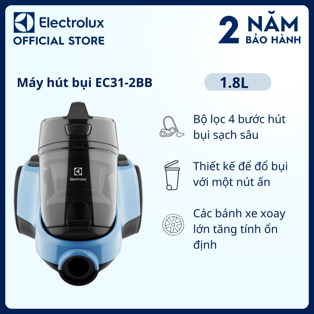 Máy hút bụi - hộp chứa bụi Electrolux 1.8L - EC31-2BB - Thiết kế để đổ bụi với một nút ấn cùng