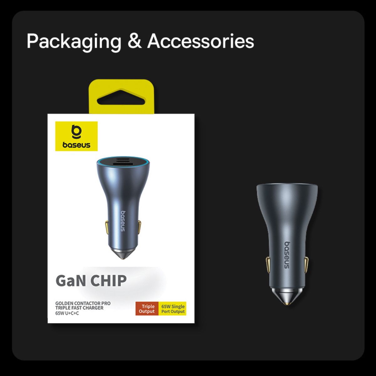 Tẩu sạc nhanh ô tô Baseus golden contactor pro GaN fast charging car charger U+2C 65W C00035202841-0