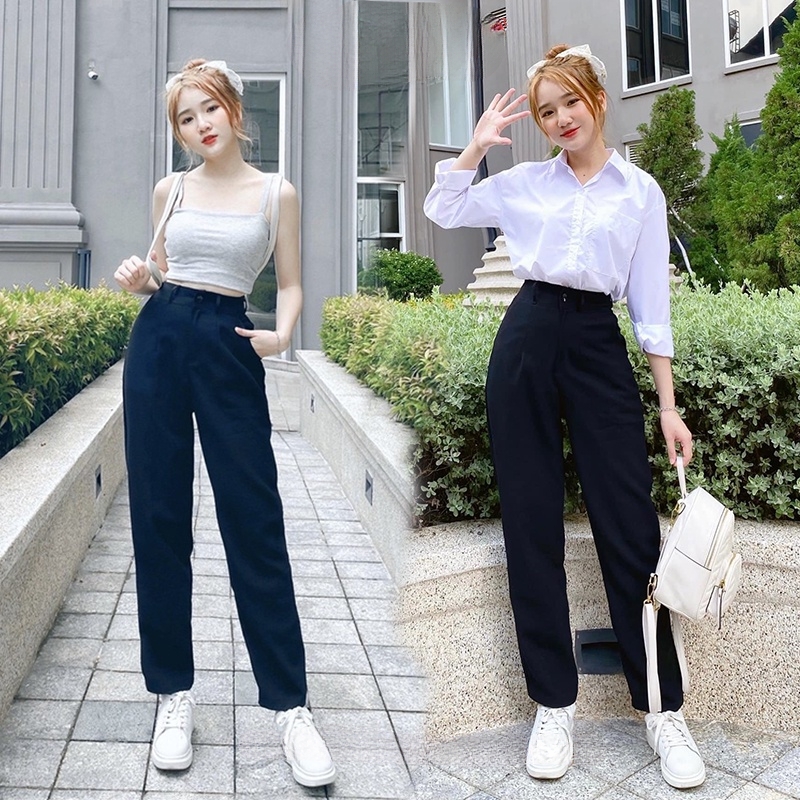 Quần Vải Đen Nữ Đi Học Lưng Cao Vải Tuyết Mưa Mềm Trơn Dáng Quần Baggy Nữ Công Sở Học Sinh Thời Tran