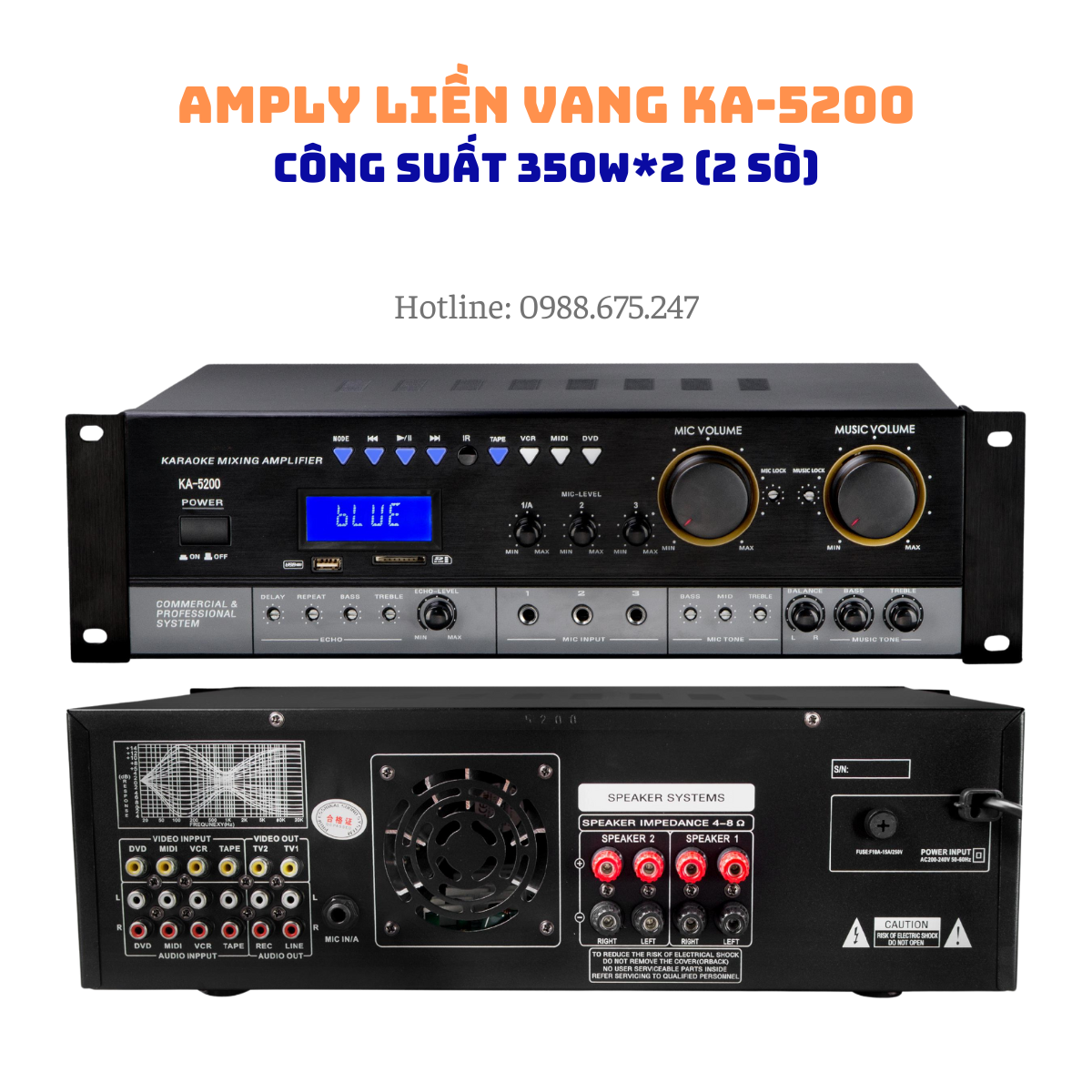 Amply Karaoke Liền Vang Gunssi KA- 5200 Chức năng Bluetooth/ Thẻ SD/ USB. Công suất 350w *2. Bảo Hành 12 tháng.