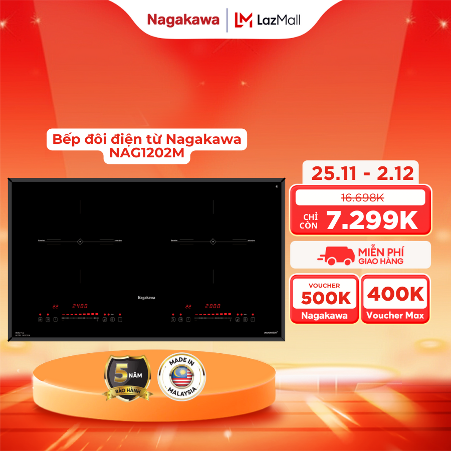 Bếp điện từ cao cấp Nagakawa NK2C01M /NAG1202M 2 vùng nấu chương trình cài đặt sẵn mặt kính Kanger c
