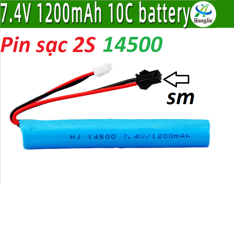 Pin sạc 2S 14500 7.4V Pin dài 10cm dung lượng 1200mah cổng nối SM-2P dùng cho xe mô hình điều khiển 