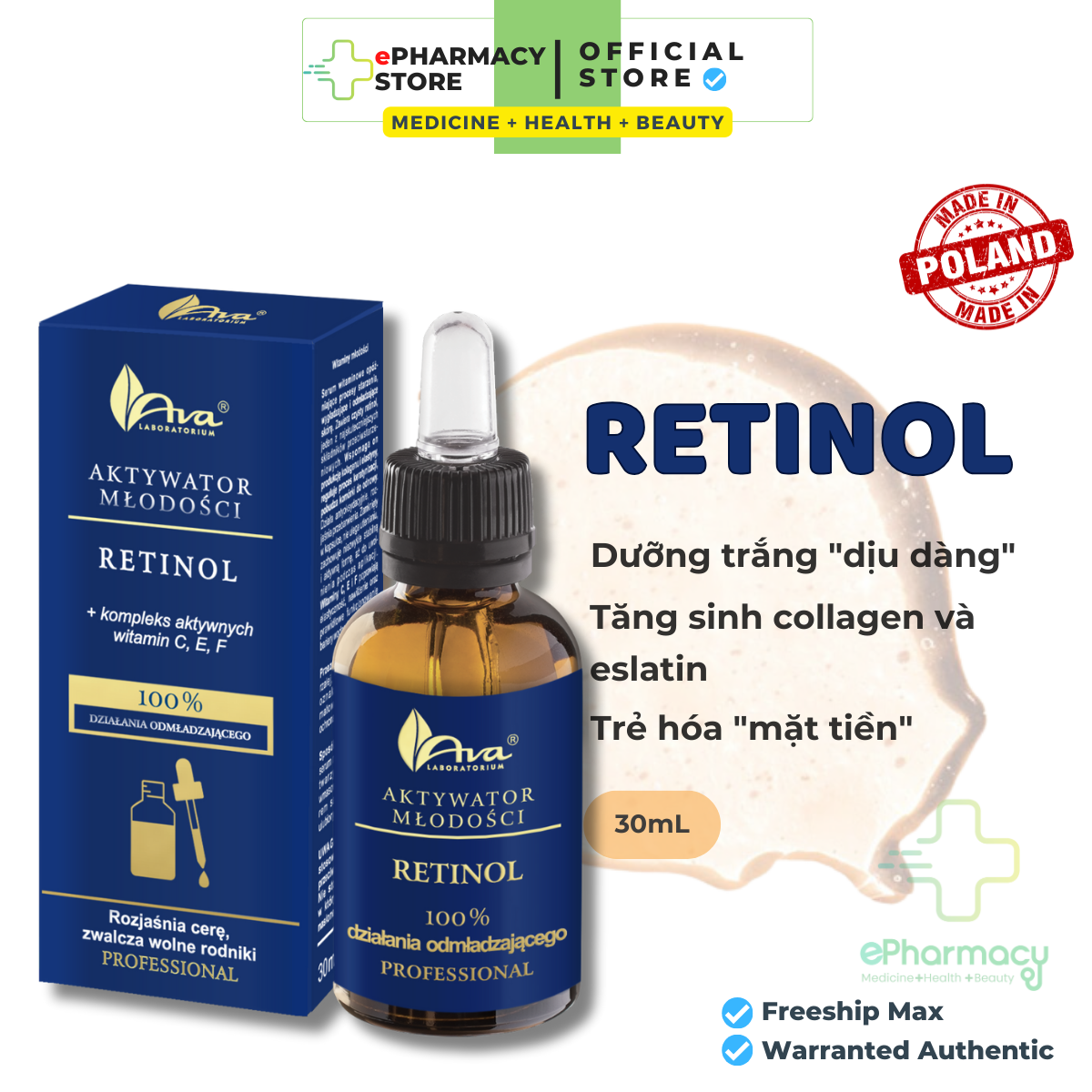 Serum Retinol Ava - Dưỡng sáng đều màu da trẻ hóa làn da  30mL