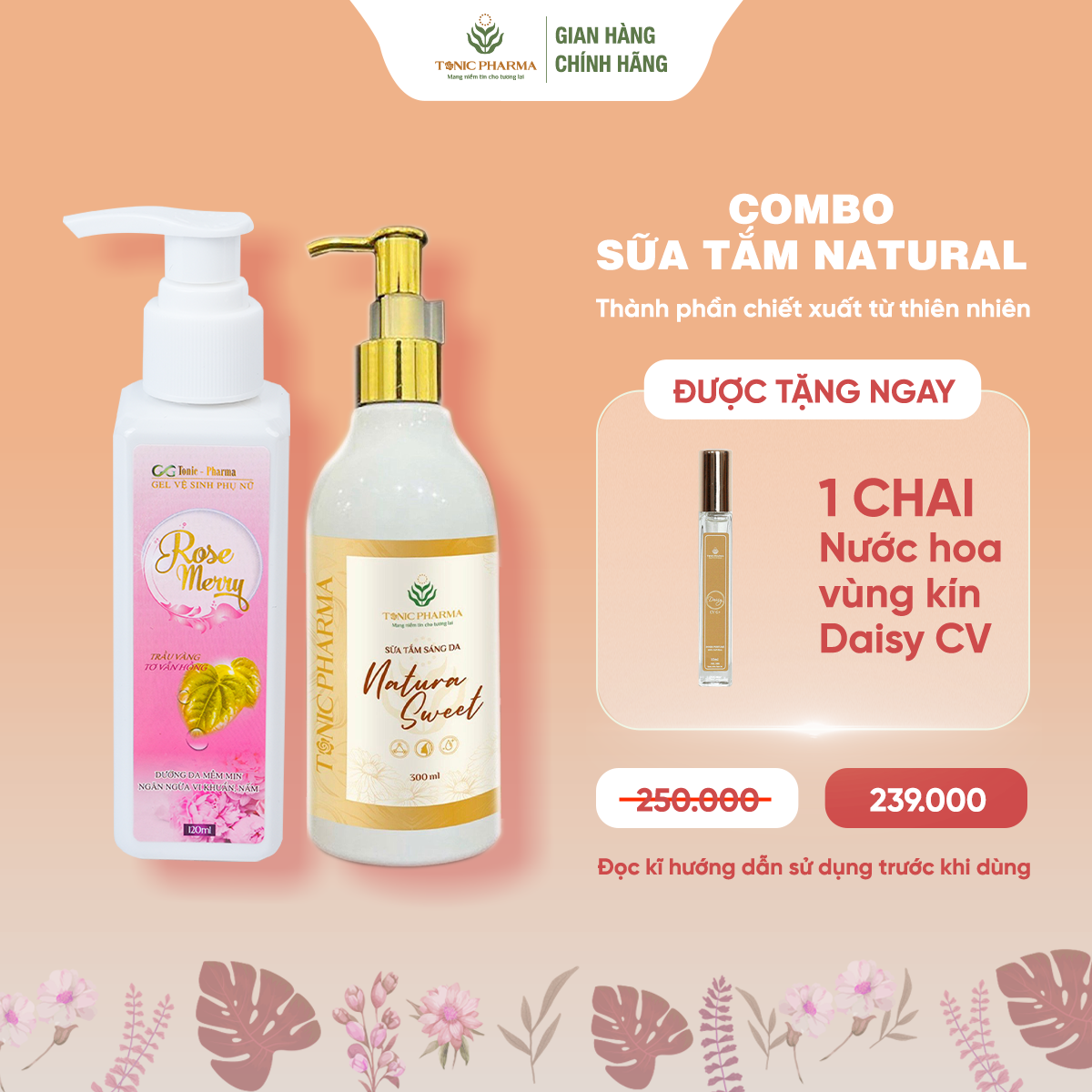 Bộ sản phẩm Dung dịch vệ sinh phụ nữ Rose Merry Sữa Tắm Sáng Da Dưỡng Thể Natura Sweet 300ml