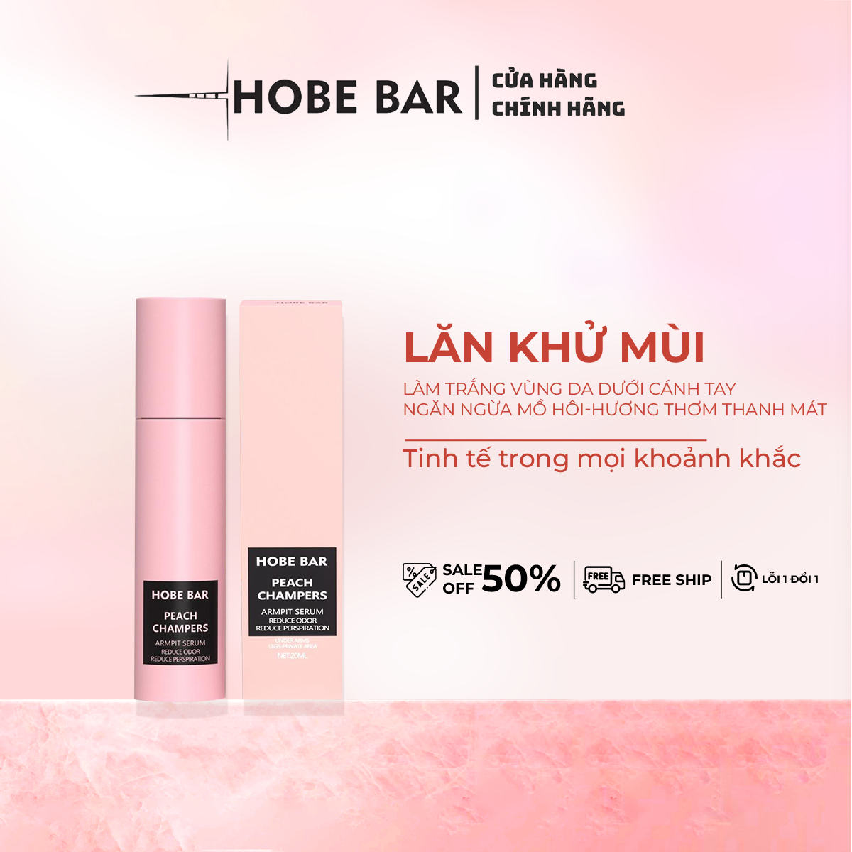 Lăn khử mùi HOBEBAR 20ml hương đào ngăn tiết mồ hôi giúp trắng sáng và giữ khô thoáng khử mùi cho vù