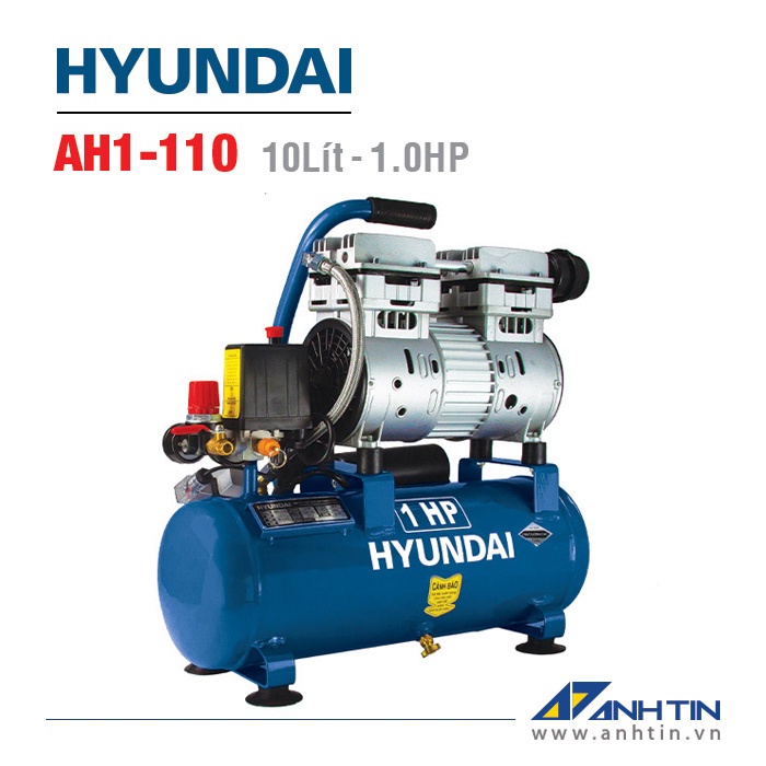Máy nén khí không dầu Hyundai AH1-110 - Dung tích 10L, Công suất 1HP, Lưu lượng 80 lít/phút