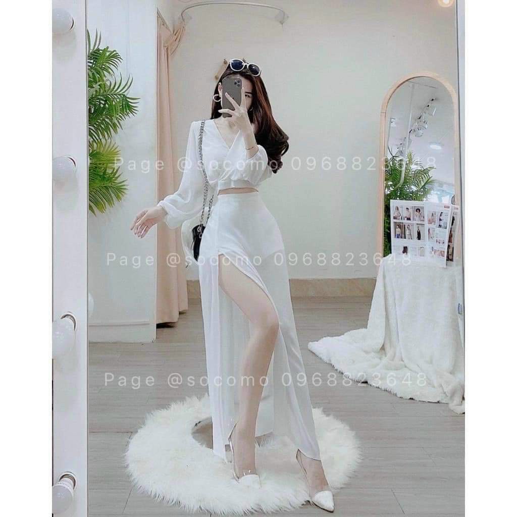 Set áo và chân váy nữ áo tau dài chéo ngực phối chân váy dài xẻ tà sang trọng Set bộ voan 2 lớp có m