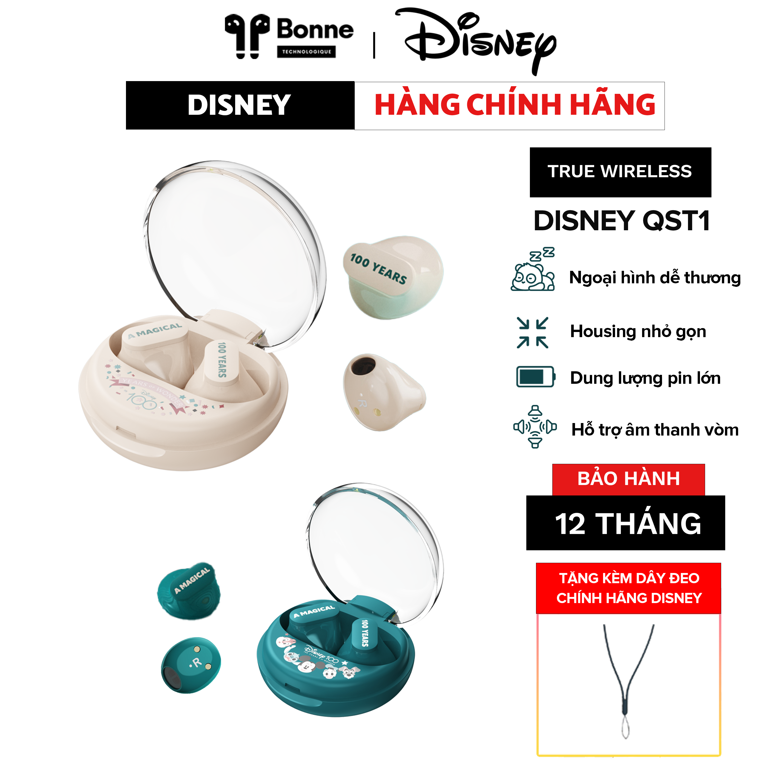 Tai nghe bluetooth DISNEY QST1  tai nghe không dây true wireless chính hãng dành cho nữ  cảm ứng đa 