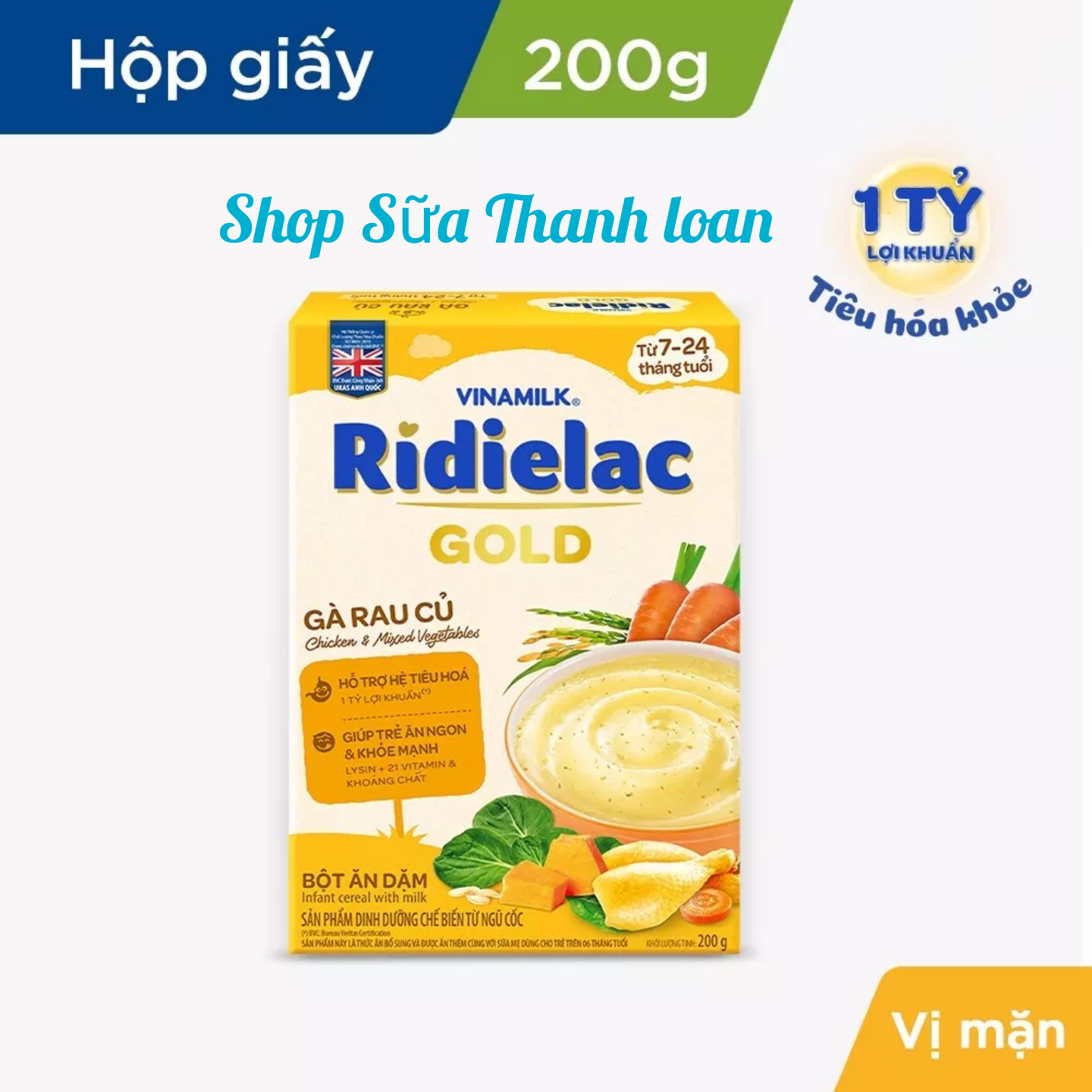 (HSD T6-2027) BỘT ĂN DẶM VINAMILK RIDIELAC GOLD GÀ RAU CỦ 200G/ HỘP.