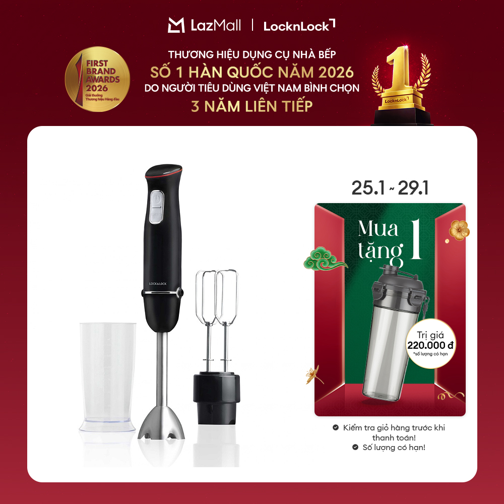 Máy xay cầm tay đa năng Lock&Lock Multi-purpose 2in1 Hand Blender màu đen EJM516BLK máy đánh trứng x