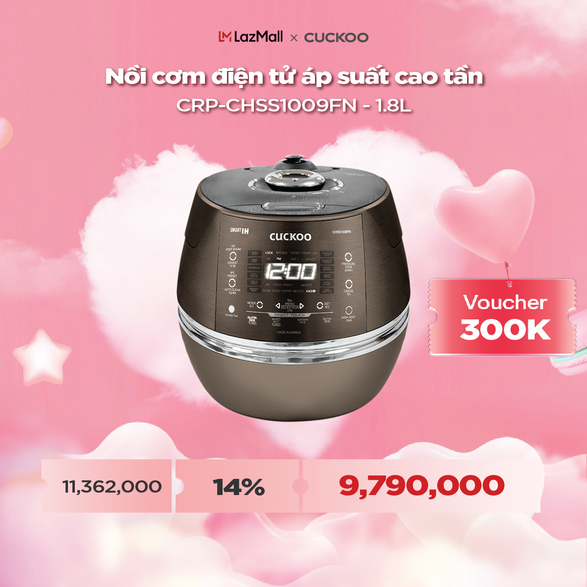 Nồi cơm điện tử áp suất cao tần Cuckoo 1.8L CRP-CHSS1009FN (Màu nâu) - Lòng nồi phủ men Xwall độc qu