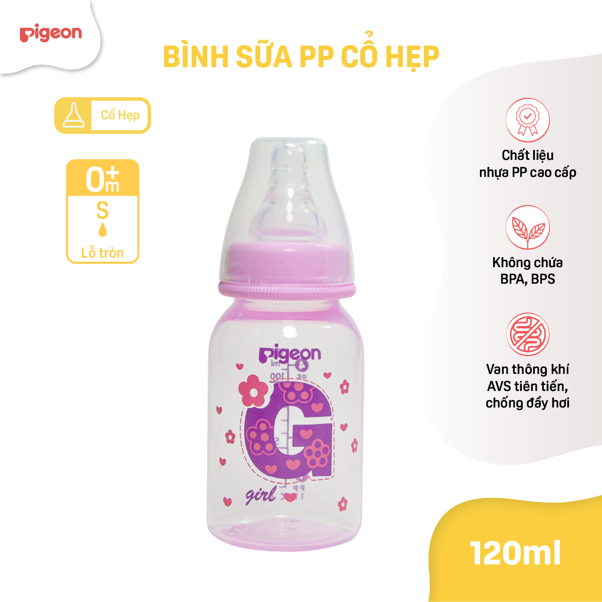 Bình sữa cổ hẹp PP cao cấp bé gái Pigeon 120ml (S) (HSD:10/2026)