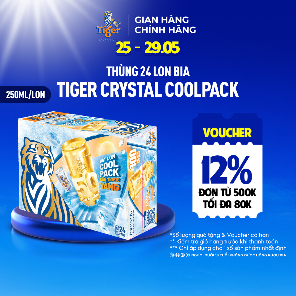 Thùng 24 lon bia Tiger Crystal Coolpack 250ml/lon - Săn Tiger Vàng
