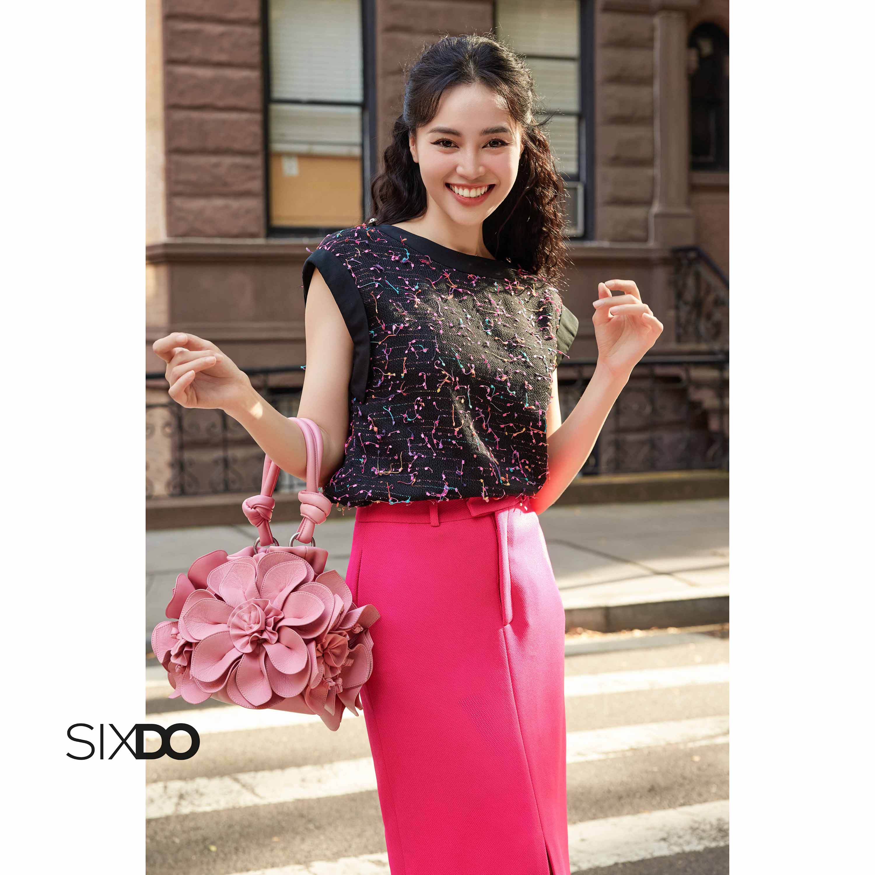 Áo kiểu nữ vải tweed cộc tay SIXDO (Black Cap Sleeves Top)