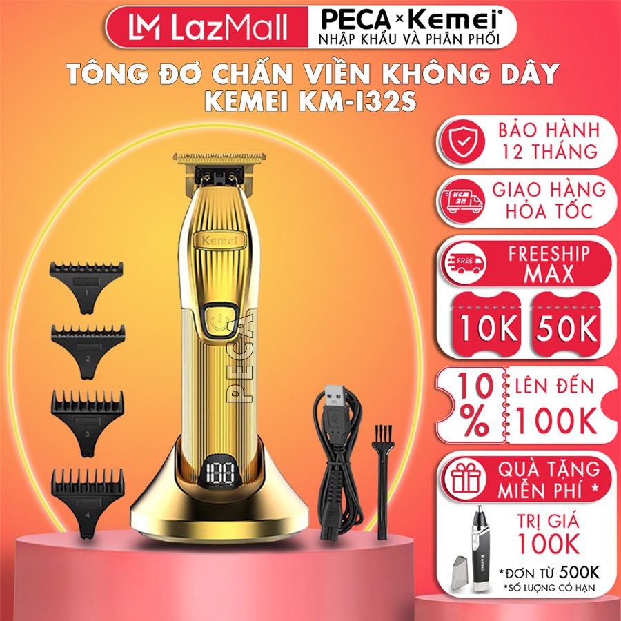 Tông Đơ Sạc Kemei KM-I32S - Cạo Viền Chuyên Nghiệp, Màn Hình LCD, Pin 2000mAh, Màu Vàng/Silver