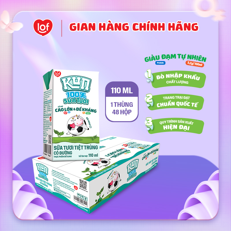 100% sữa tươi KUN có đường thùng 48 hộp x 110ml