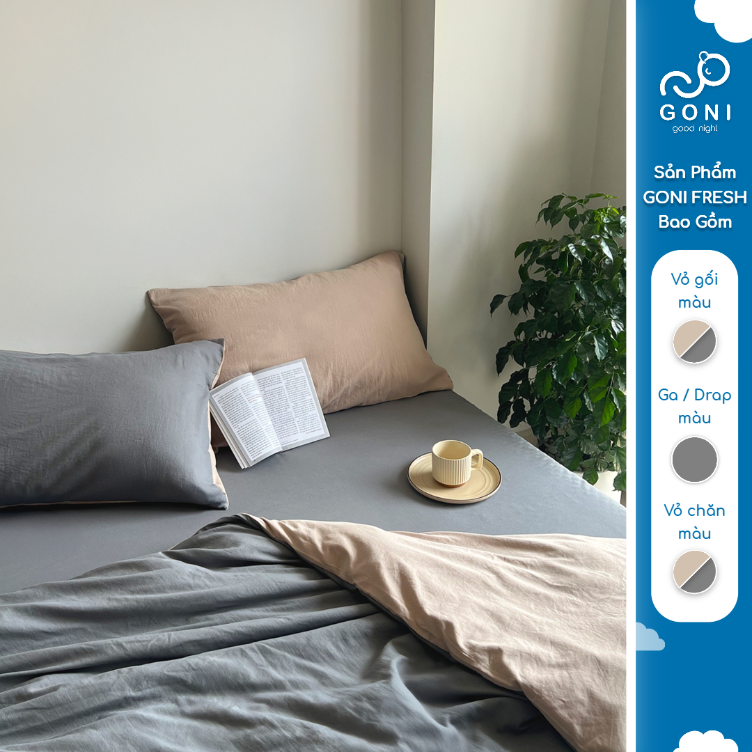 Bộ chăn mền ga gối GONI FRESH màu Beige Xám - Ga drap giường bo chun cao 4-25cm kích thước 1m 1m2 1m