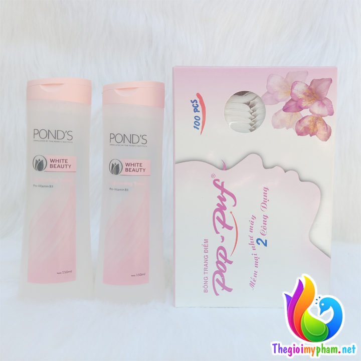 Combo 2 Chai Nước Hoa Hồng Làm Trắng Da Ponds White Beauty 150Ml + 1 Hộp Bông Tẩy Trang Pop - Puf 100 Miếng