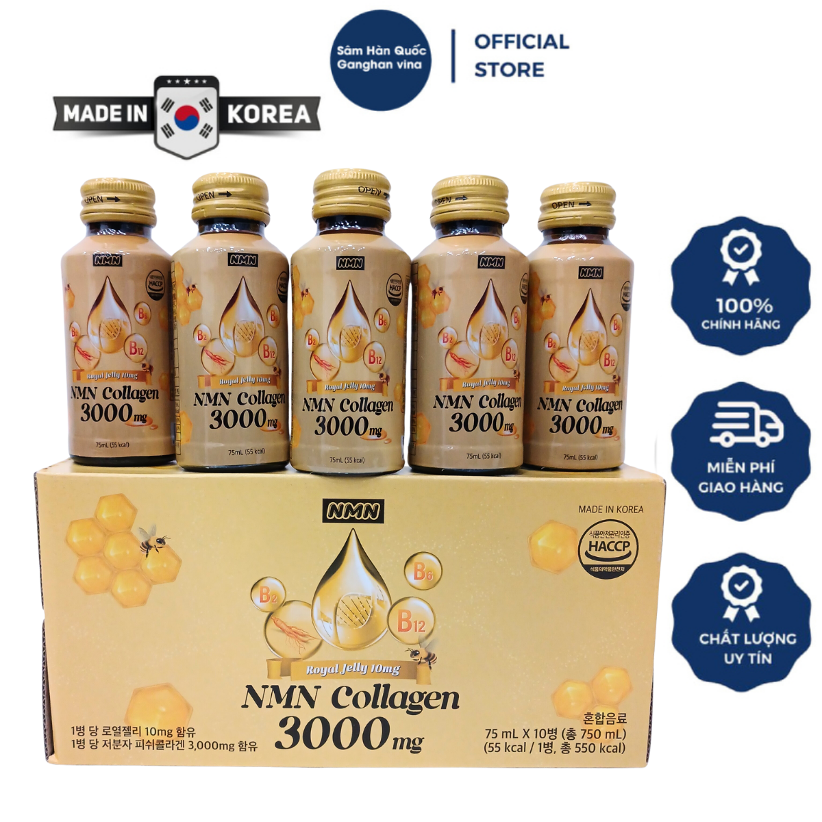 Nước uống NMN Collagen 3000mg Hoàng Gia Royal Jelly 10mg (75ml x 10 lọ)