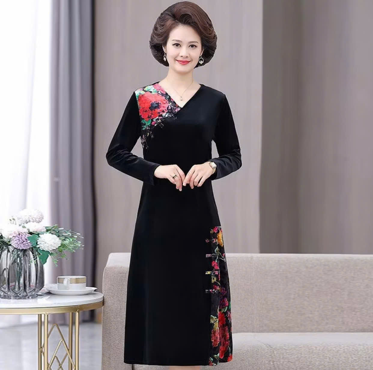 Đầm nữ trung niên cao cấp V62 - Đầm nhung thu đông đẹp sang trọng mặc dự tiệc dạ hội cho mẹ bà người