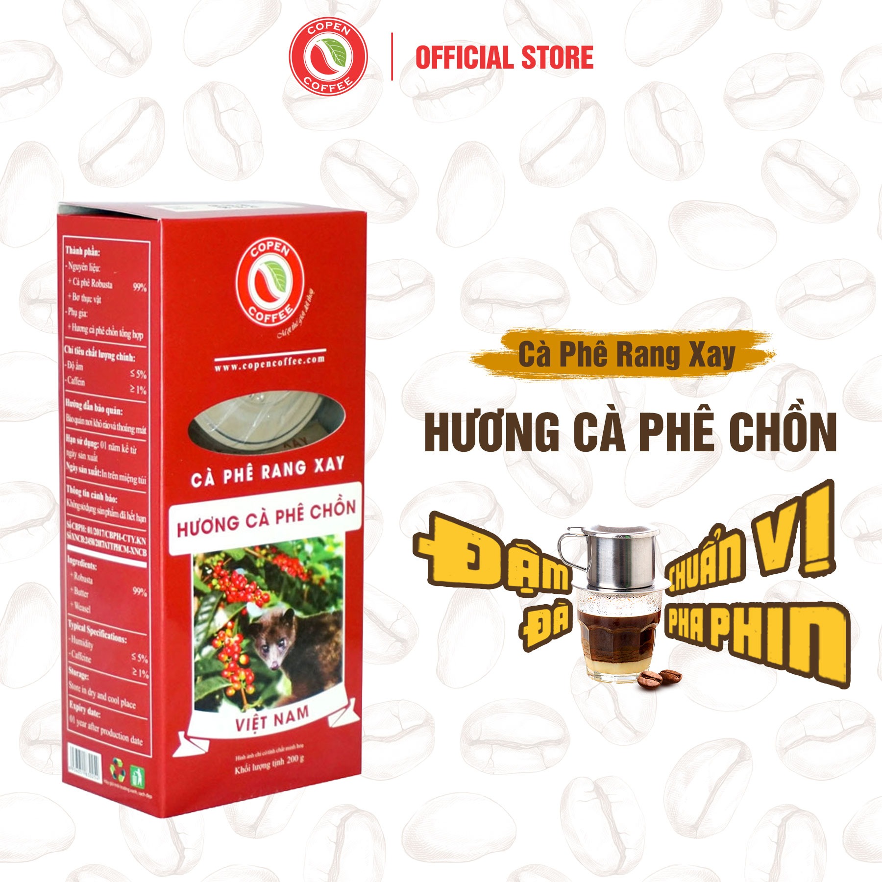 Cà phê rang xay Hương cà phê chồn hộp 200g + phin Inox - Rang vừa đắng đậm - Pha phin - Copen Coffee