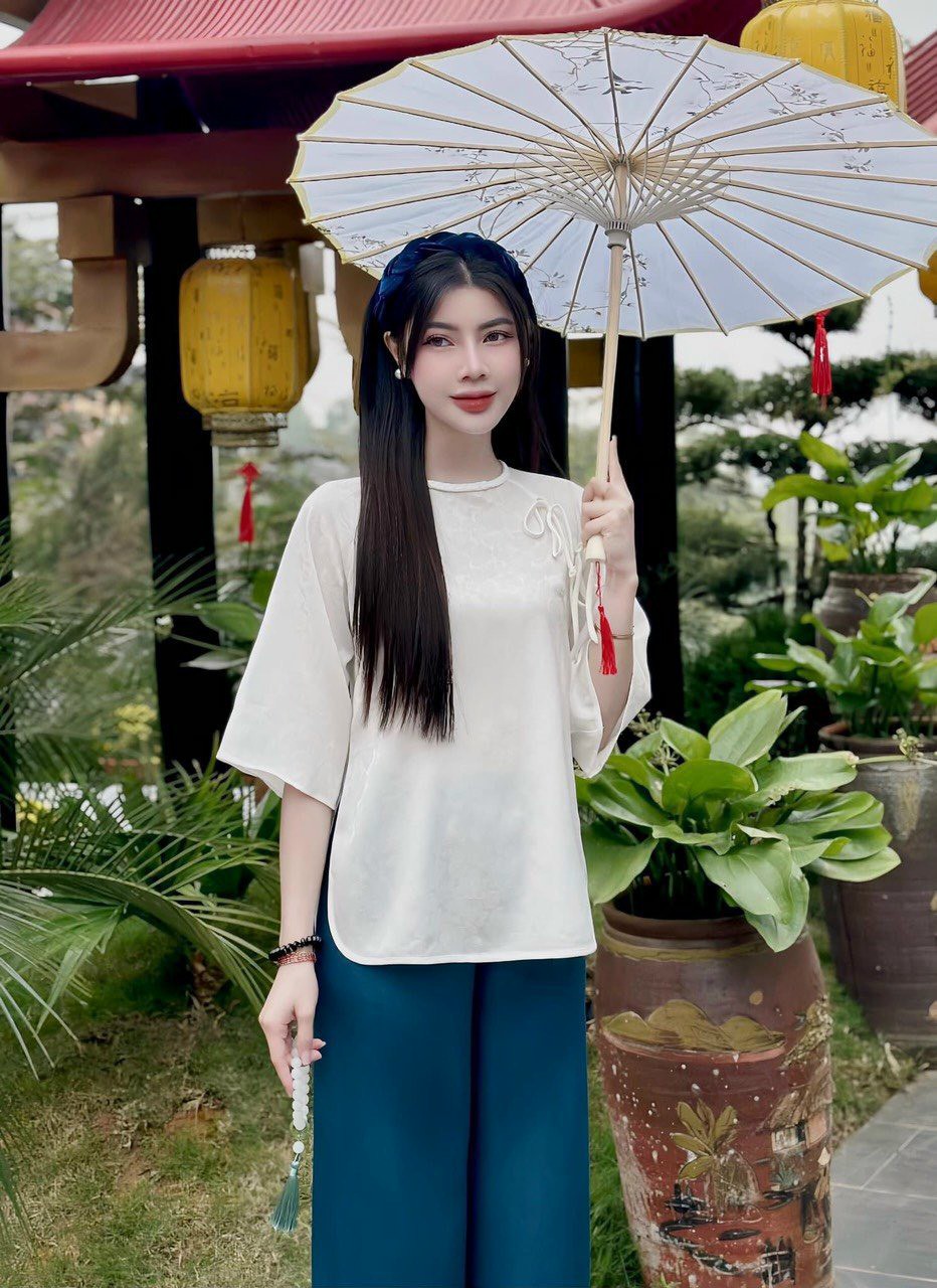 Set áo tay lỡ chất vải voan và quần ống rộng đồ bộ bà màu nhiều màu mặc đi lễ chùa đi chơi chụp hình