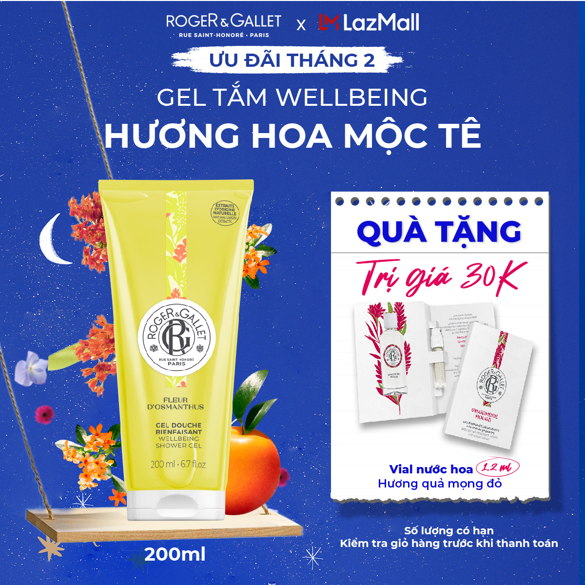 Gel tắm Wellbeing hương hoa mộc tê Roger&Gallet Fleur dOsmanthus 200ml