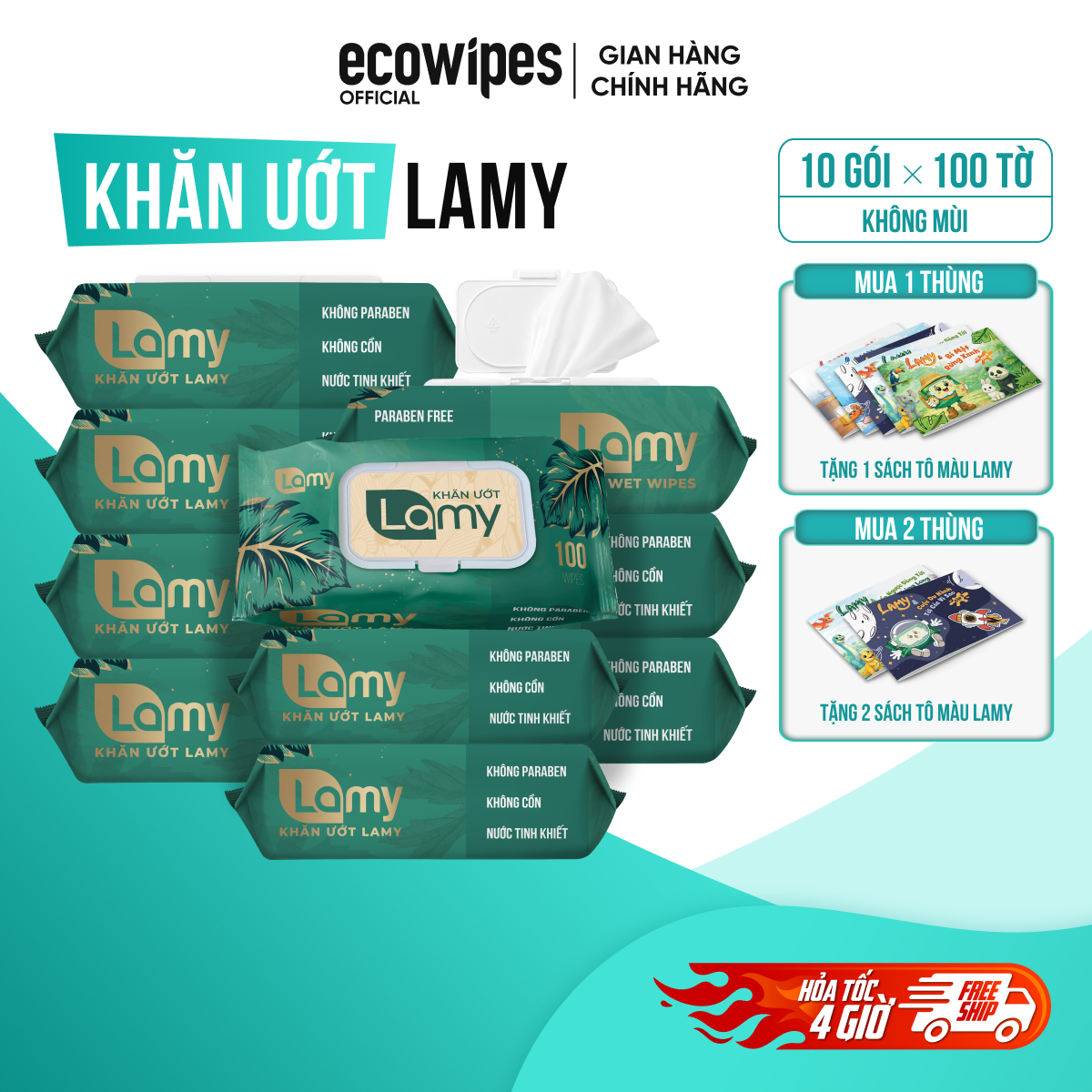 Thùng 10 Gói Khăn Ướt Cho Bé Lamy 100 Tờ Không Mùi Cao Cấp Gói Lớn Siêu Tiết Kiệm