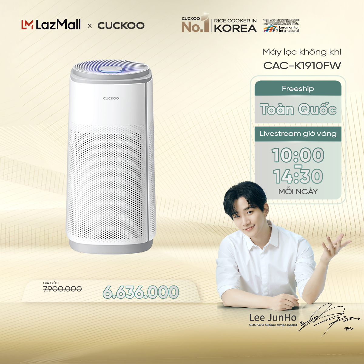 Máy lọc không khí Cuckoo CAC-K1910FW - Kích thước 67m², Bộ lọc 3 lớp, LED hiển thị chỉ số PM2.5