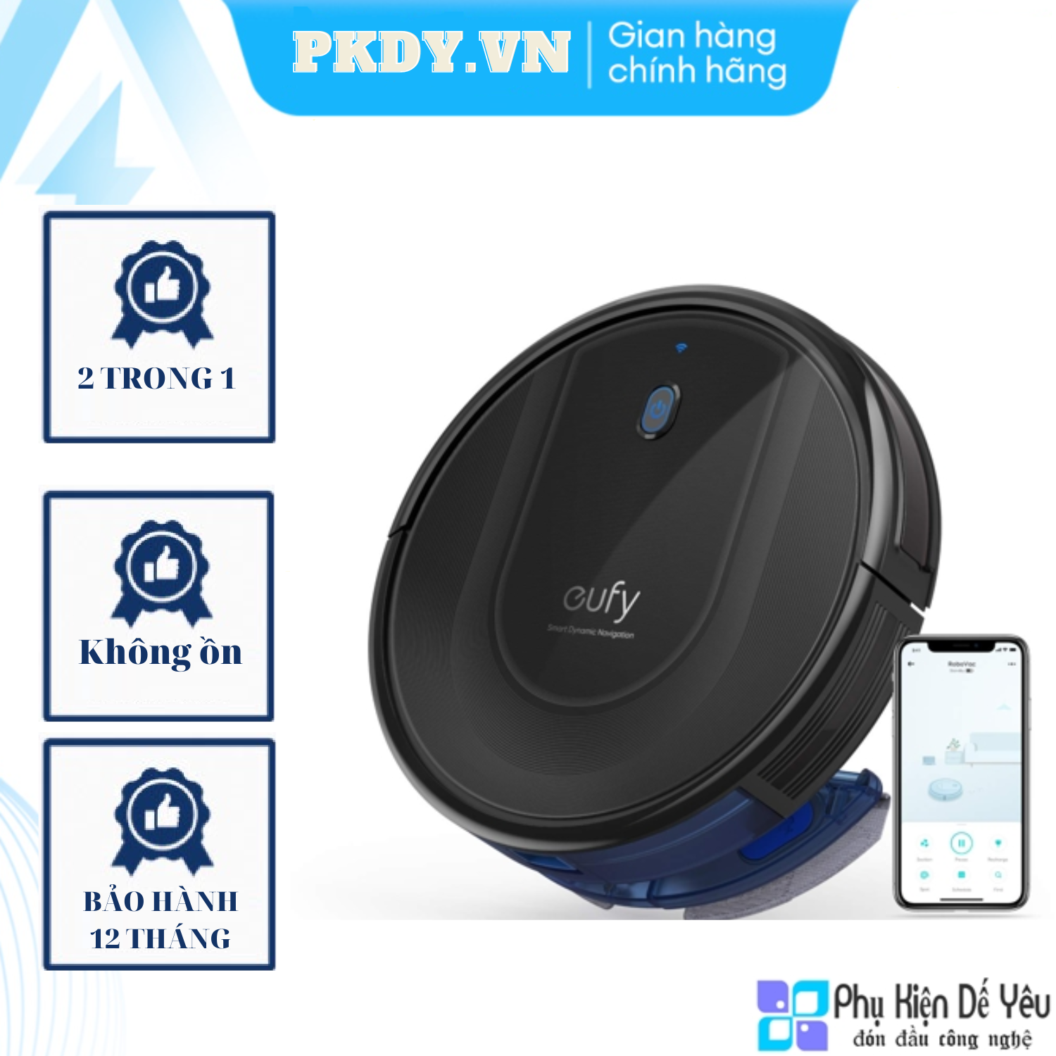 Eufy RoboVac G10 Hybrid - Robot hút bụi thông minh, màu đen, kích thước 32.5x32.5x7.25 cm, dung lượng hộp chứa bụi 450 ml